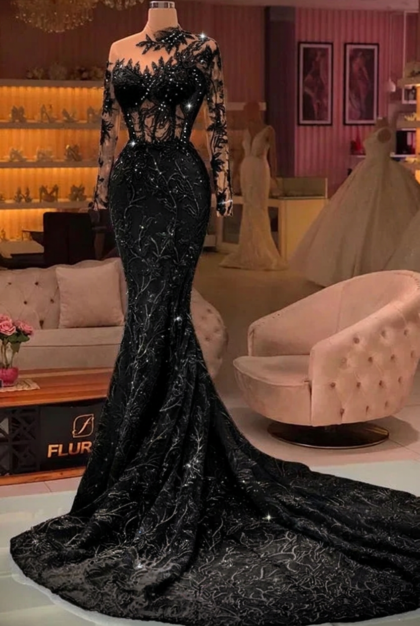 Black high neck applique mermaid prom dress