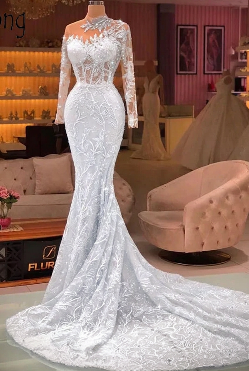 White high neck applique mermaid prom dress