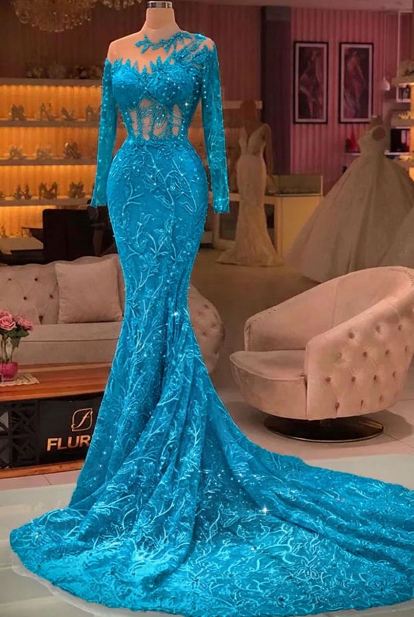 Turquoise high neck applique mermaid prom dress