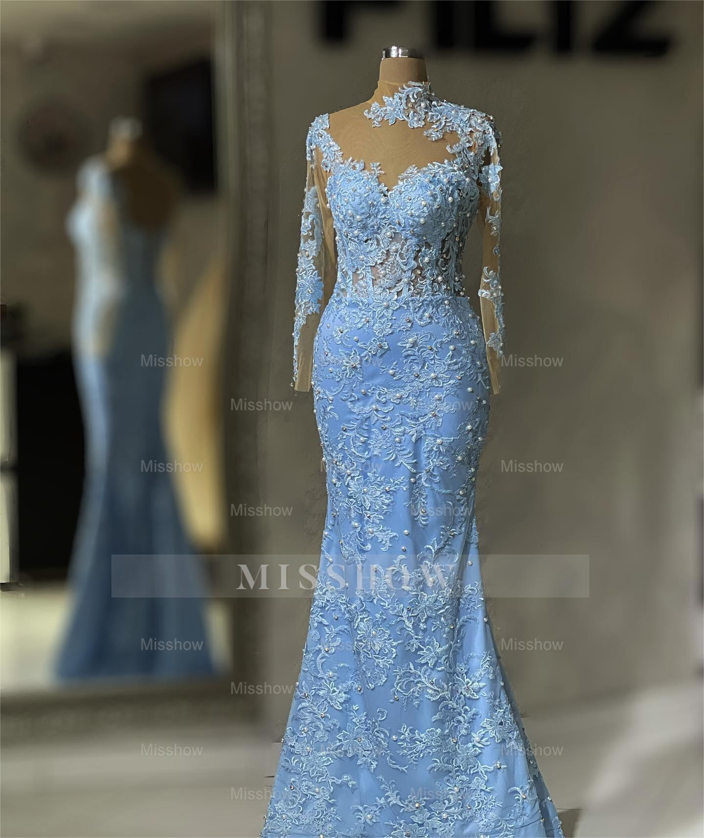 Elegant Long Blue Mermaid Long Sleeves Lace Prom Dress With Train