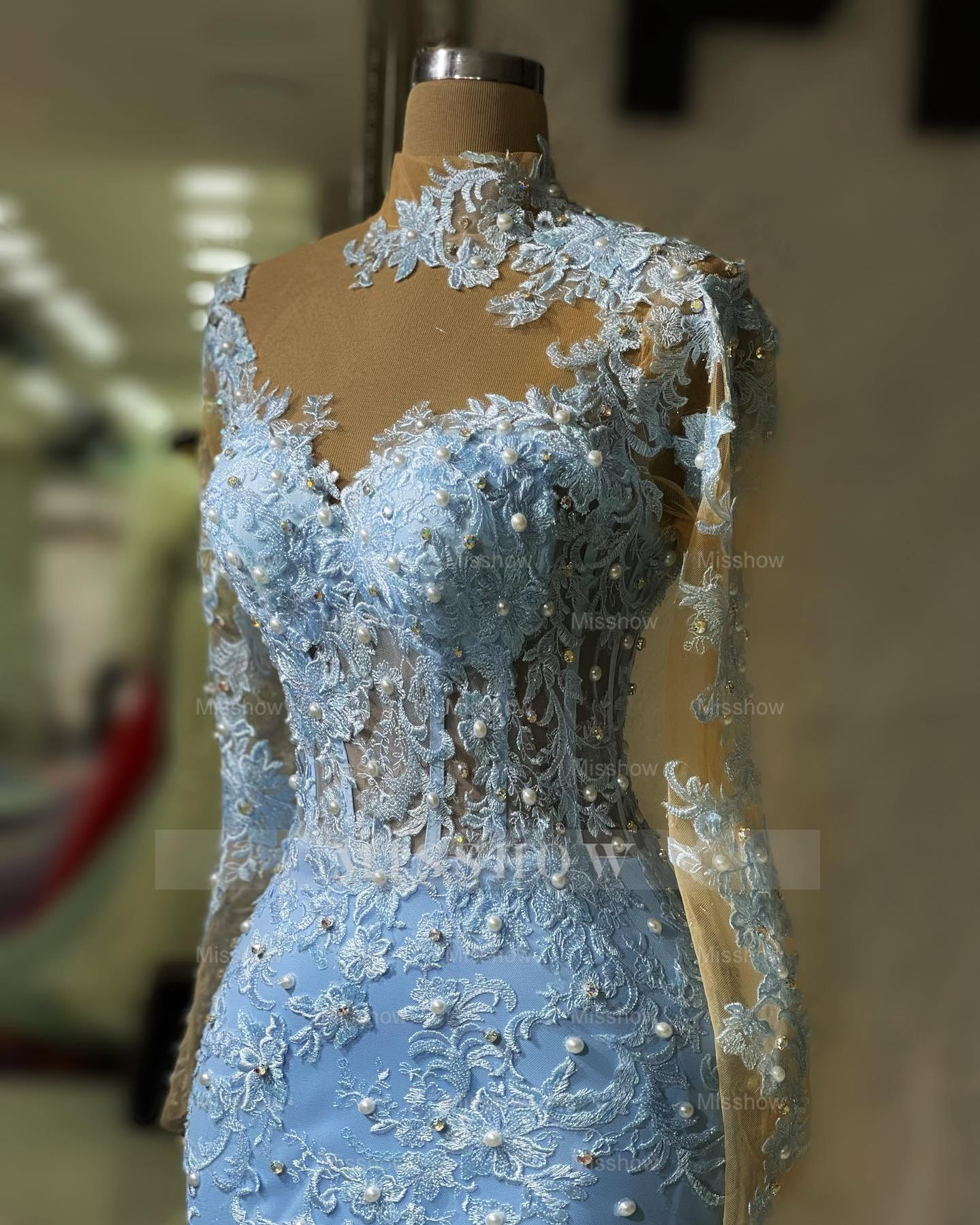 Elegant Long Blue Mermaid Long Sleeves Lace Prom Dress With Train