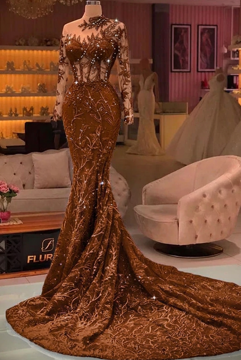 Chocolate high neck applique mermaid prom dress