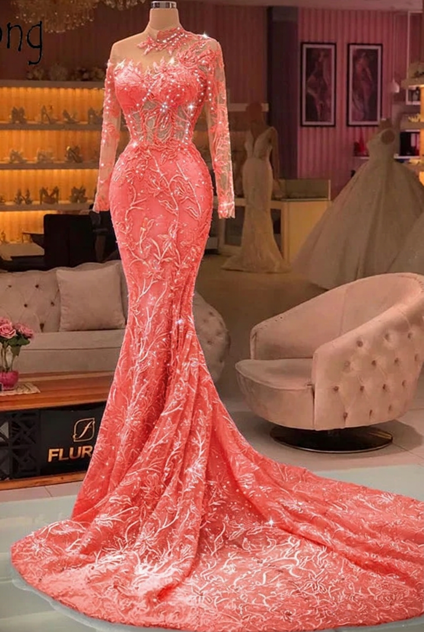 Coral high neck applique mermaid prom dress