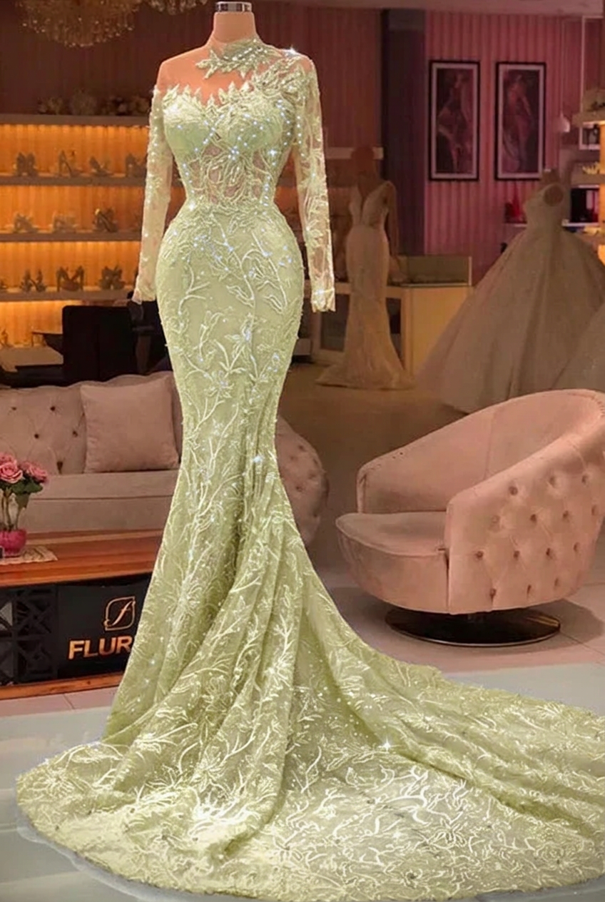 Sage high neck applique mermaid prom dress