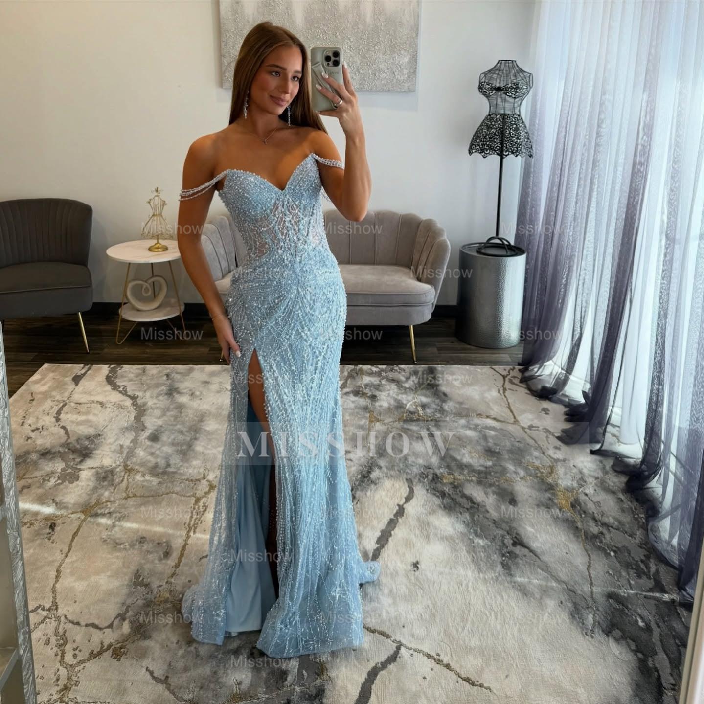 Elegant Long Blue V-neck Beaded Lace Prom Dress with Slit