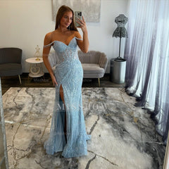 Elegant Long Blue V-neck Beaded Lace Prom Dress with Slit
