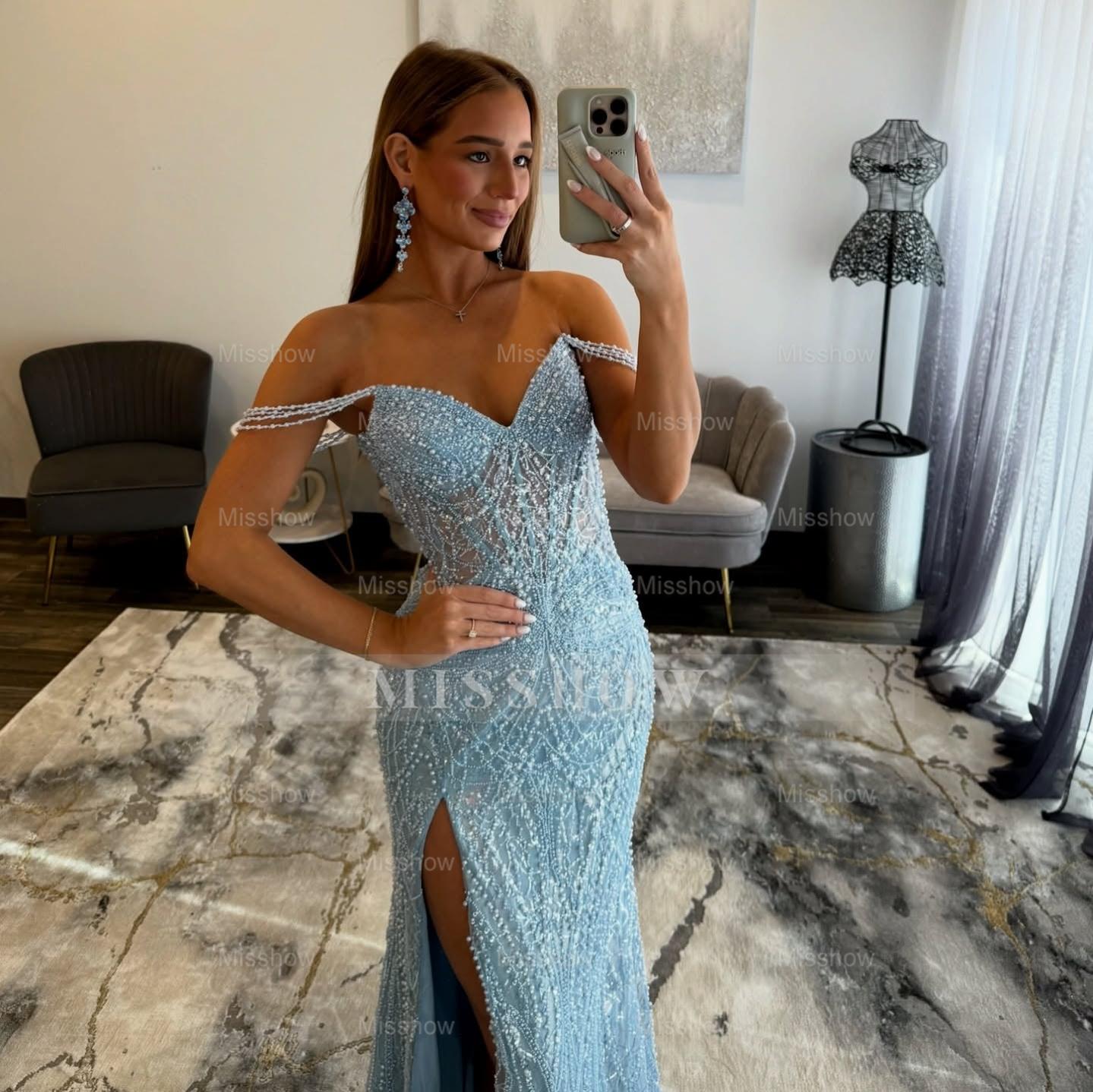Elegant Long Blue V-neck Beaded Lace Prom Dress with Slit