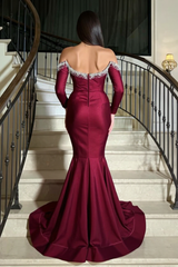 Elegant Long Burgundy Mermaid Rhinestones Prom Evening Dresses with Long Sleeves