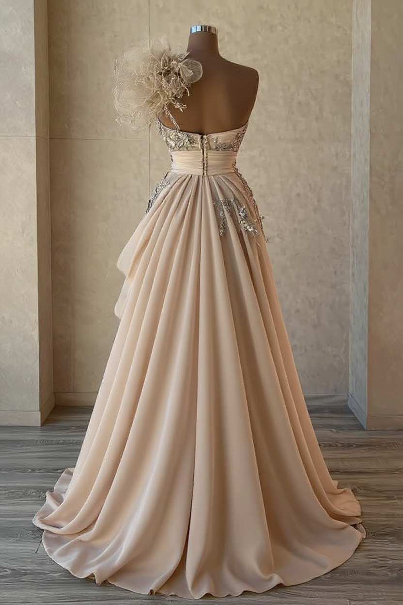 Elegant Long Champagne A-line One Shoulder Beaded Sleeveless Evening Dresses