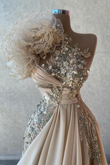 Elegant Long Champagne A-line One Shoulder Beaded Sleeveless Evening Dresses