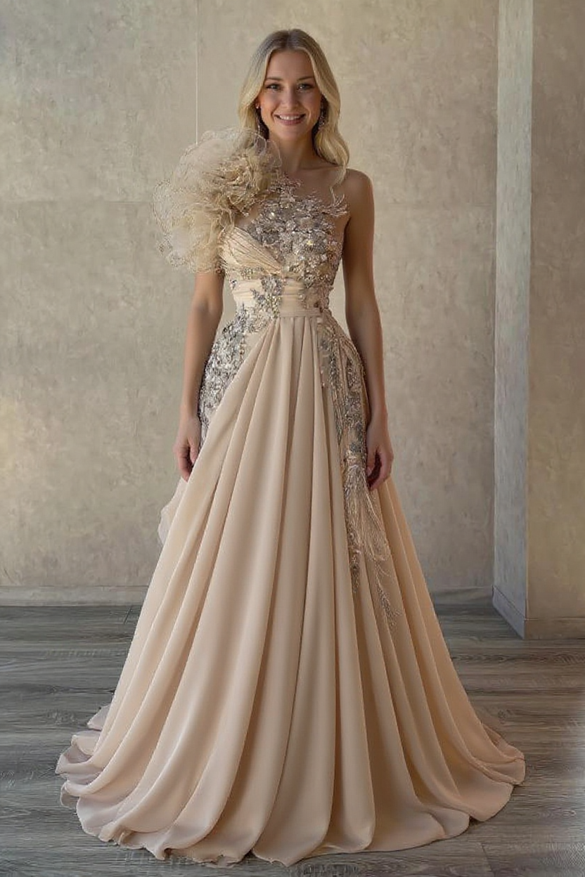 Elegant Long Champagne A-line One Shoulder Beaded Sleeveless Evening Dresses