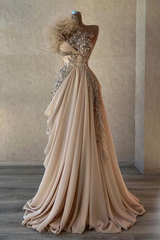 Elegant Long Champagne A-line One Shoulder Beaded Sleeveless Evening Dresses
