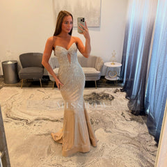Elegant Long Champagne Mermaid Strapless Sequined Prom Dress