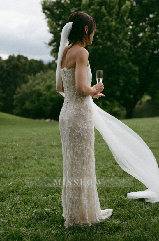 Elegant Long Column Strapless Lace Corset Sleeveless Wedding Dress