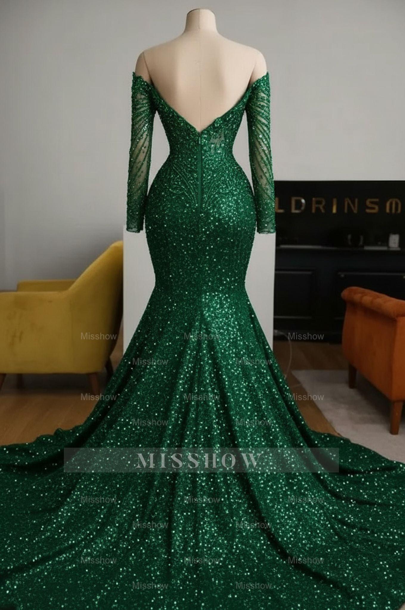 Elegant Long Dark Green Off-the-shoulder Mermaid Sequined Long Sleeves Evening Dress with Beads