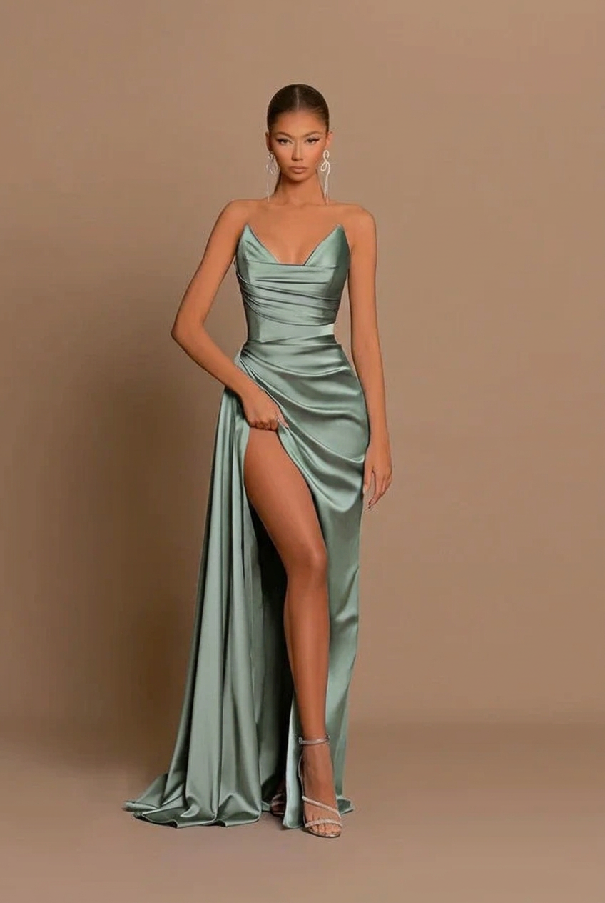 Dusty sage v-neck split-front mermaid prom dress