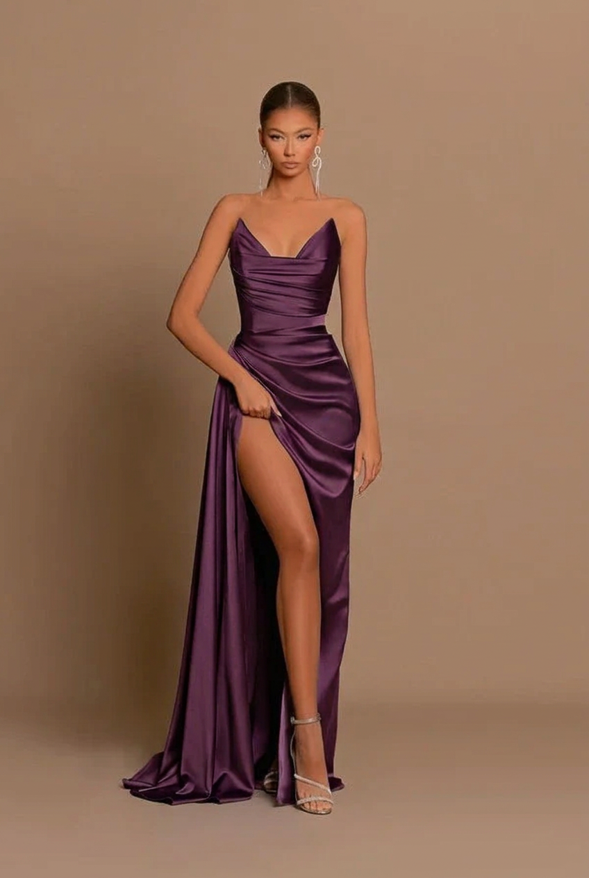Grape v-neck split-front mermaid prom dress