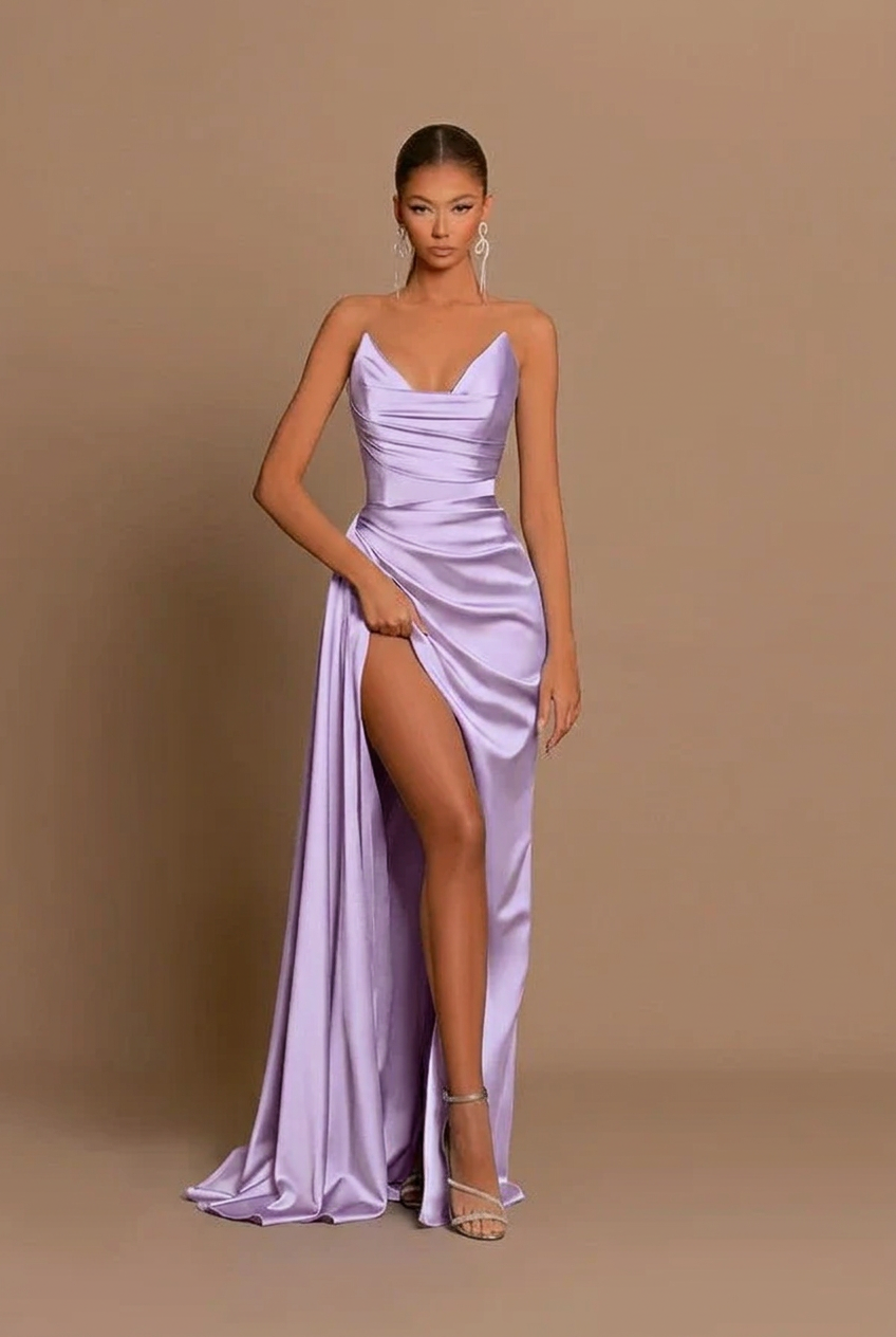 Lavender v-neck split-front mermaid prom dress