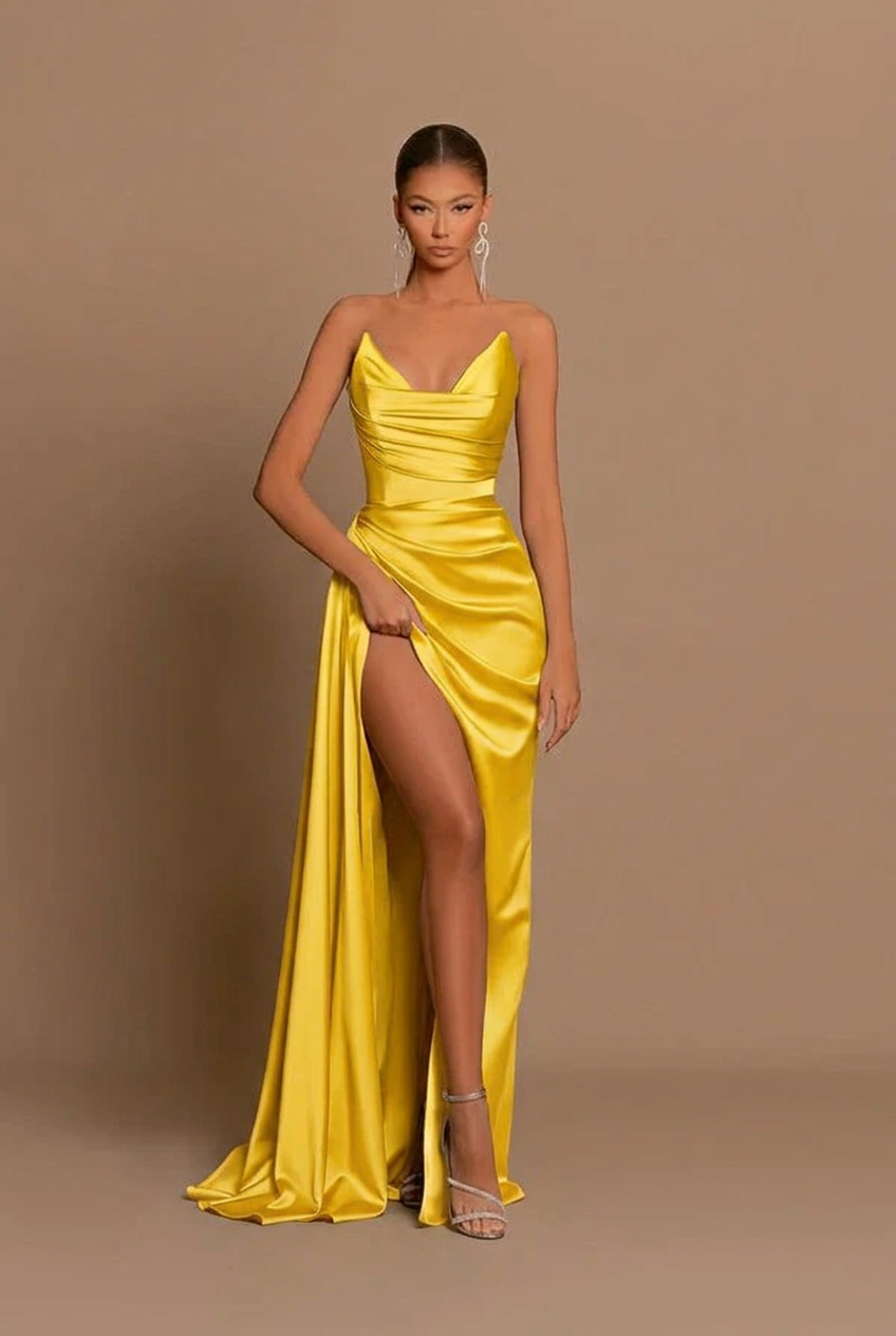 Yellow v-neck split-front mermaid prom dress