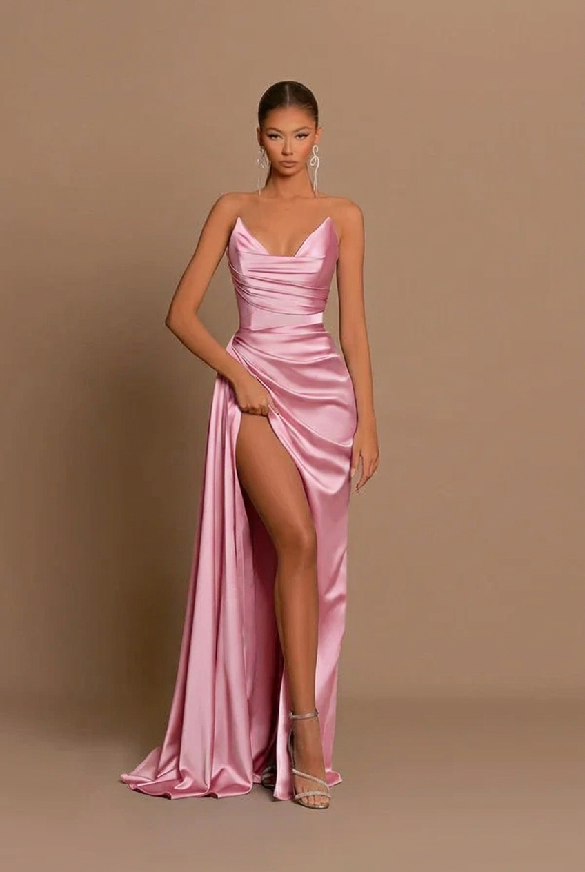 Candy pink v-neck split-front mermaid prom dress