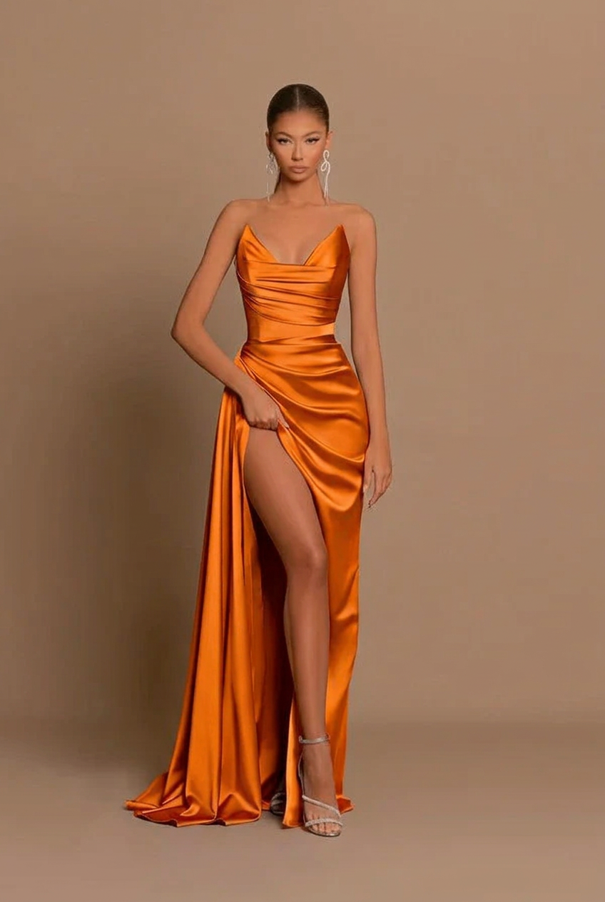 Orange v-neck split-front mermaid prom dress