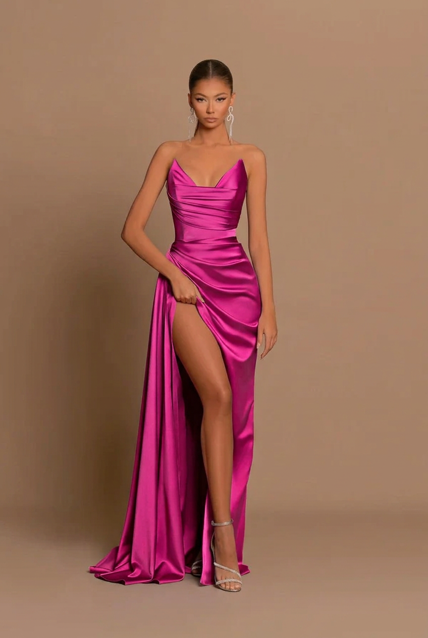 Fuchsia v-neck split-front mermaid prom dress