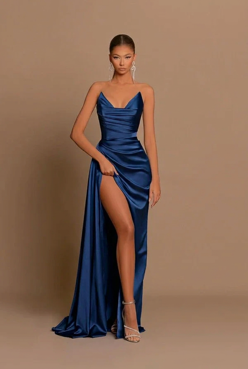 Dark navy v-neck split-front mermaid prom dress