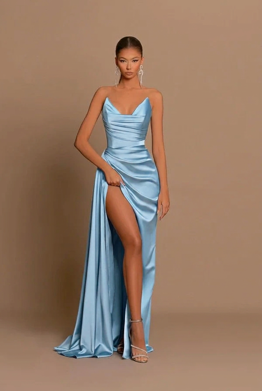 Light blue v-neck split-front mermaid prom dress