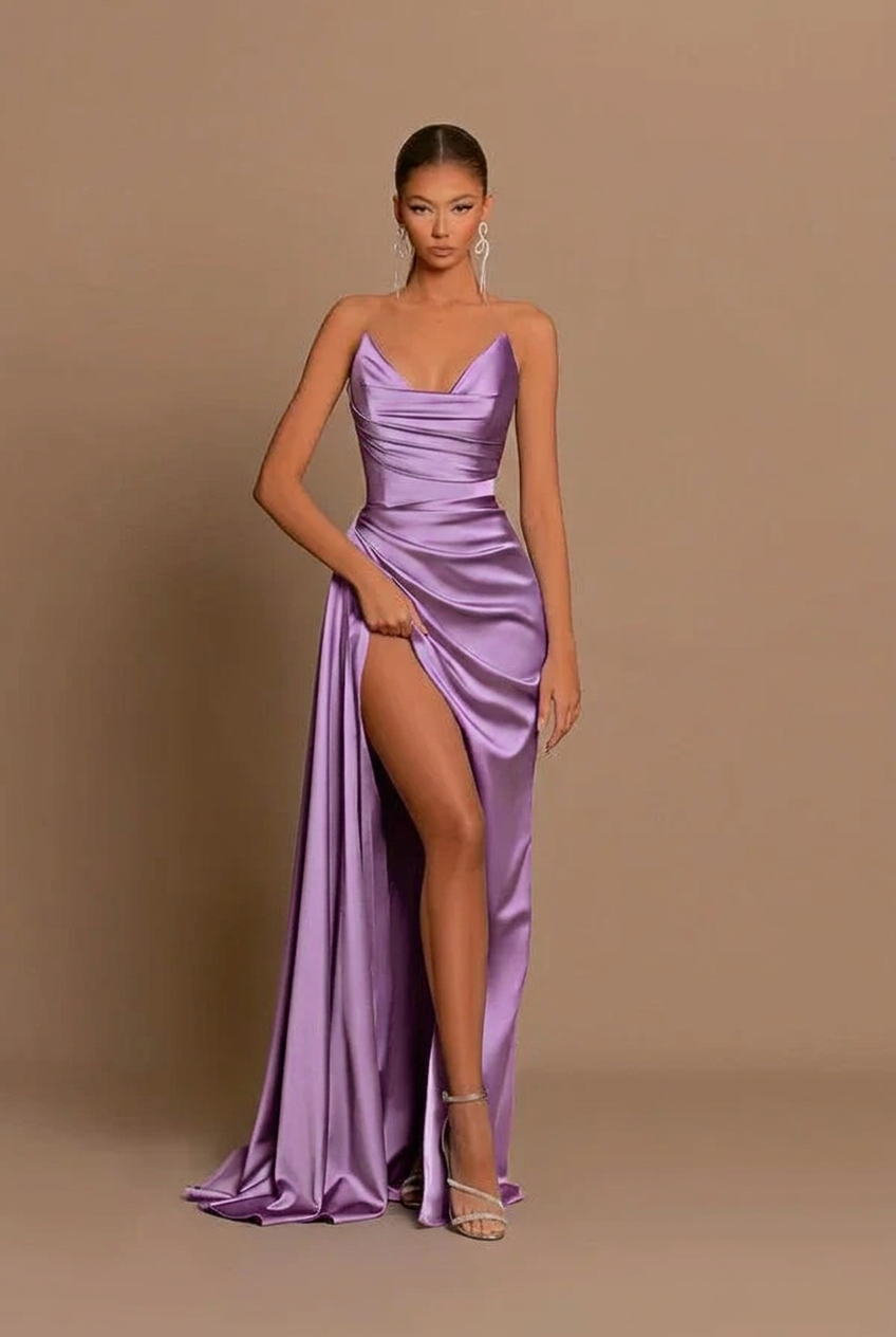 Lilac v-neck split-front mermaid prom dress