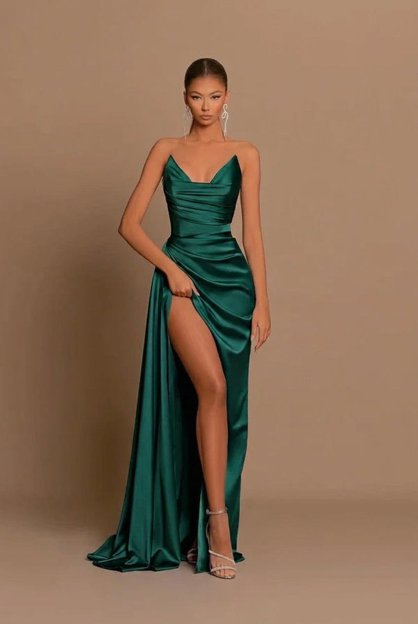 Dark green v-neck split-front mermaid prom dress