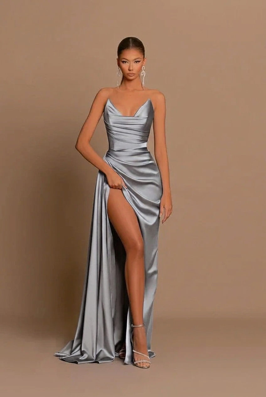 Silver v-neck split-front mermaid prom dress