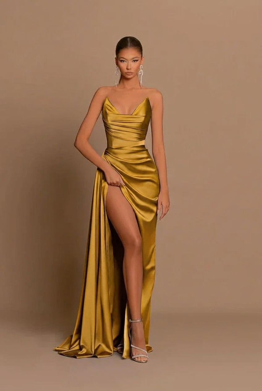 Gold v-neck split-front mermaid prom dress