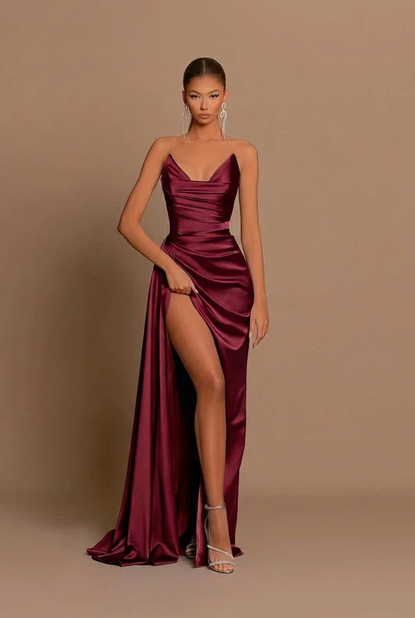 Burgundy v-neck split-front mermaid prom dress