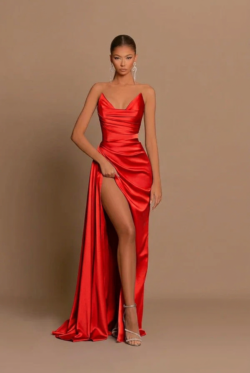 Red v-neck split-front mermaid prom dress
