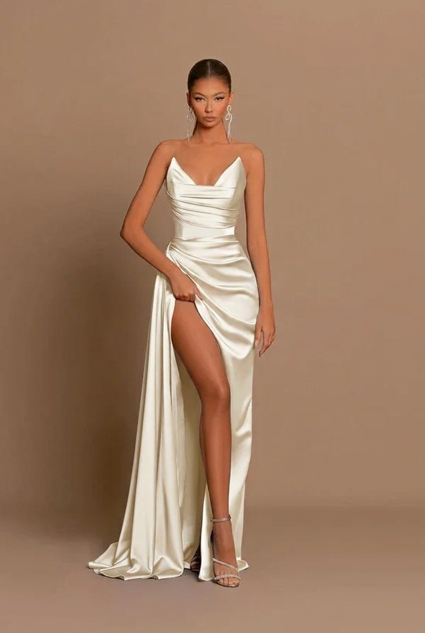 Ivory v-neck split-front mermaid prom dress