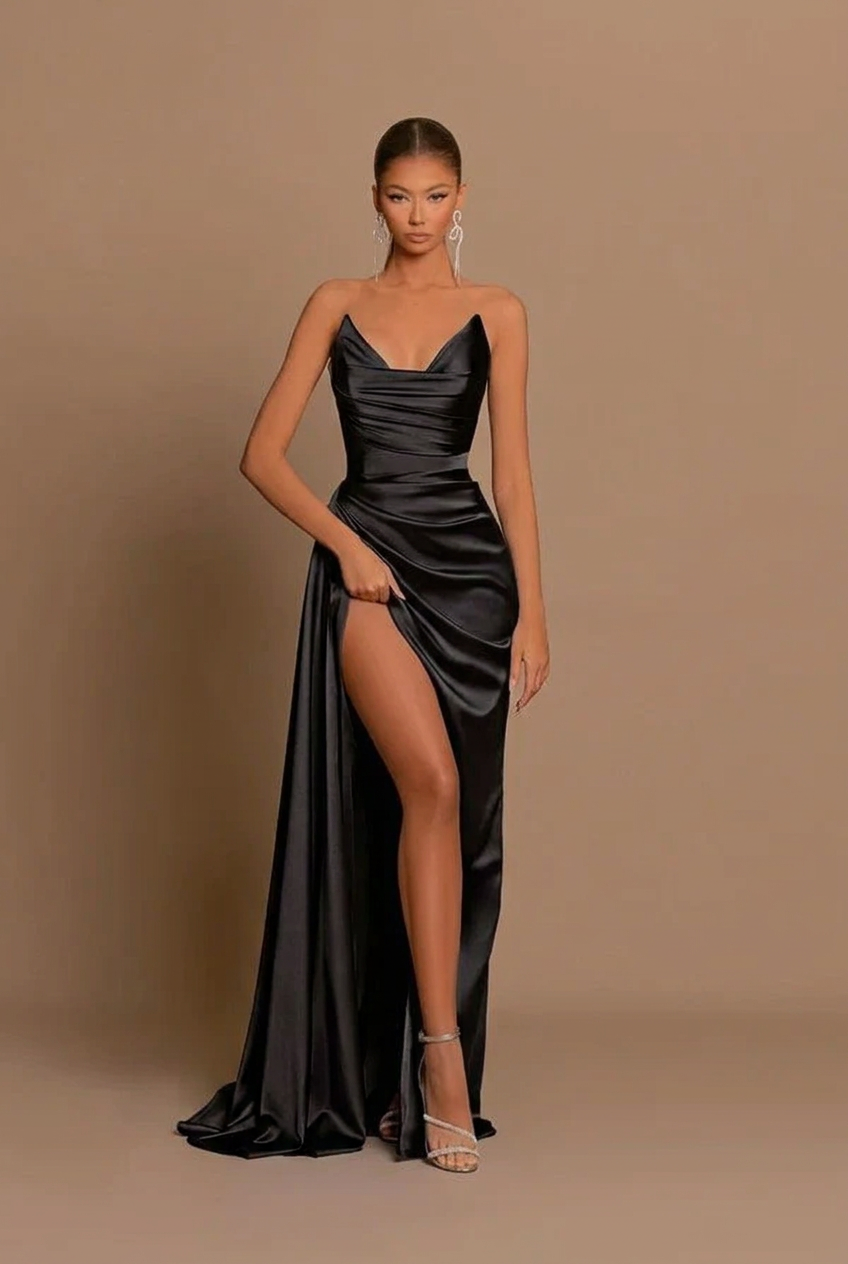 Black v-neck split-front mermaid prom dress