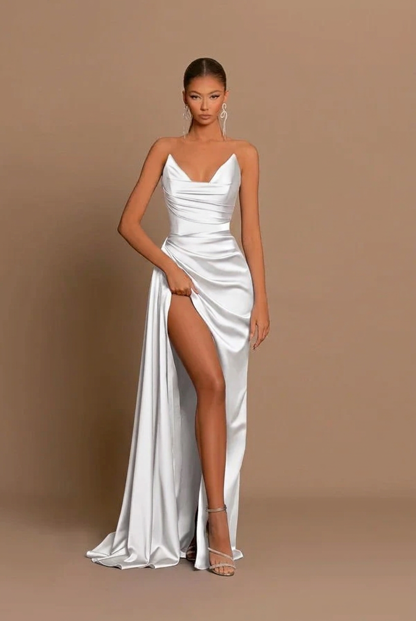 White v-neck split-front mermaid prom dress