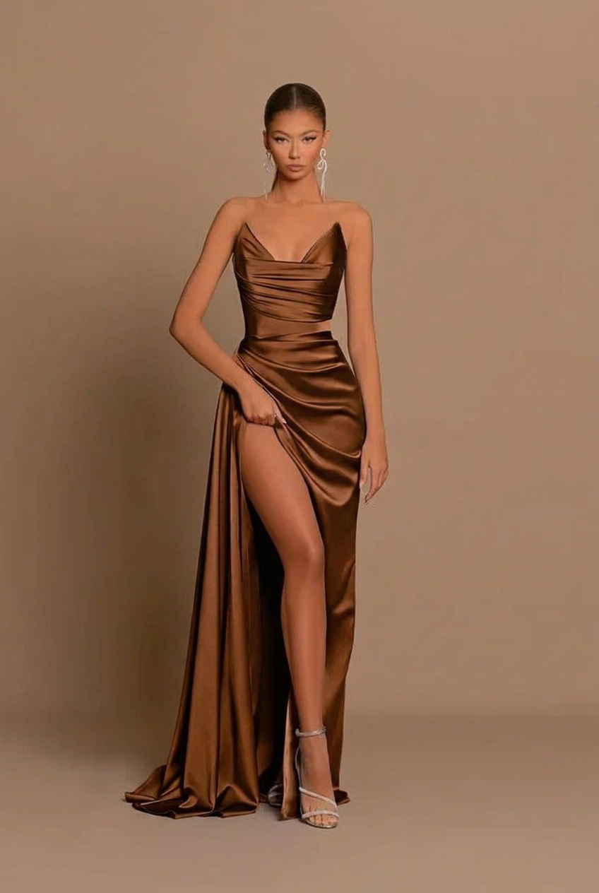 Chocolate v-neck split-front mermaid prom dress