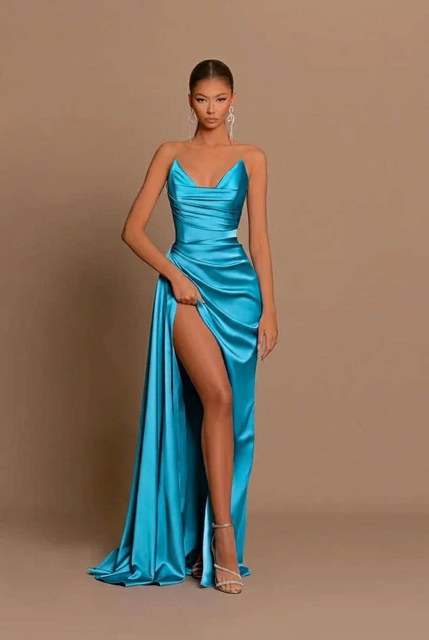 Turquoise v-neck split-front mermaid prom dress