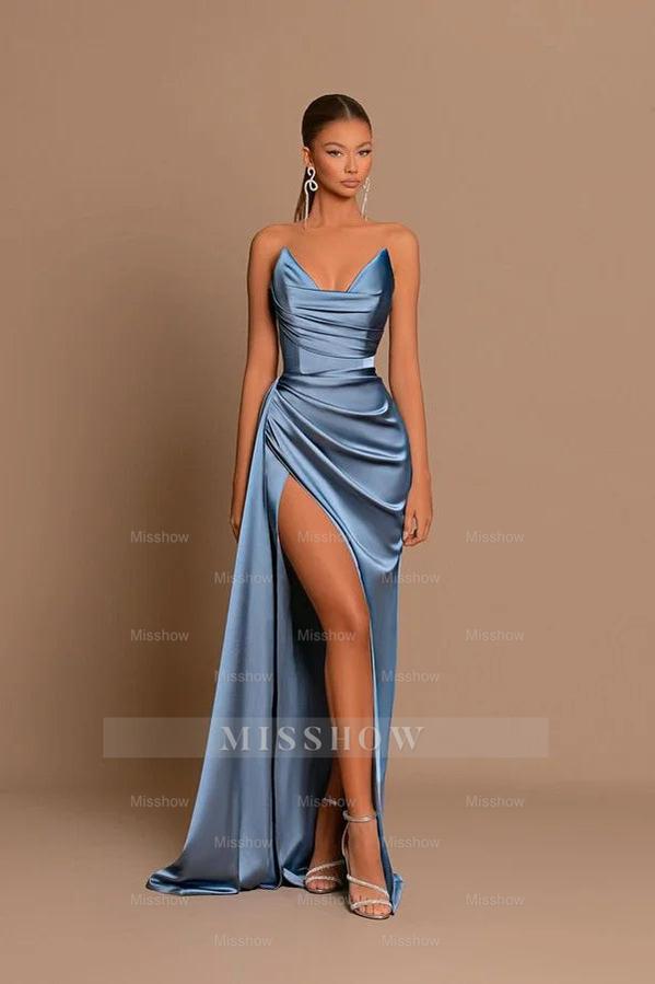 Dusty blue v-neck split-front mermaid prom dress