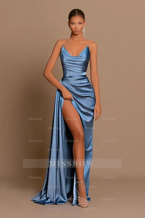 Dusty blue v-neck split-front mermaid prom dress