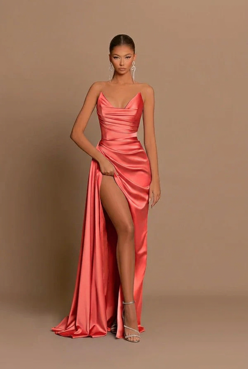 Coral v-neck split-front mermaid prom dress