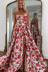 Elegant Long Floral Square Neck A-line Sleeveless Prom Dress with Slit