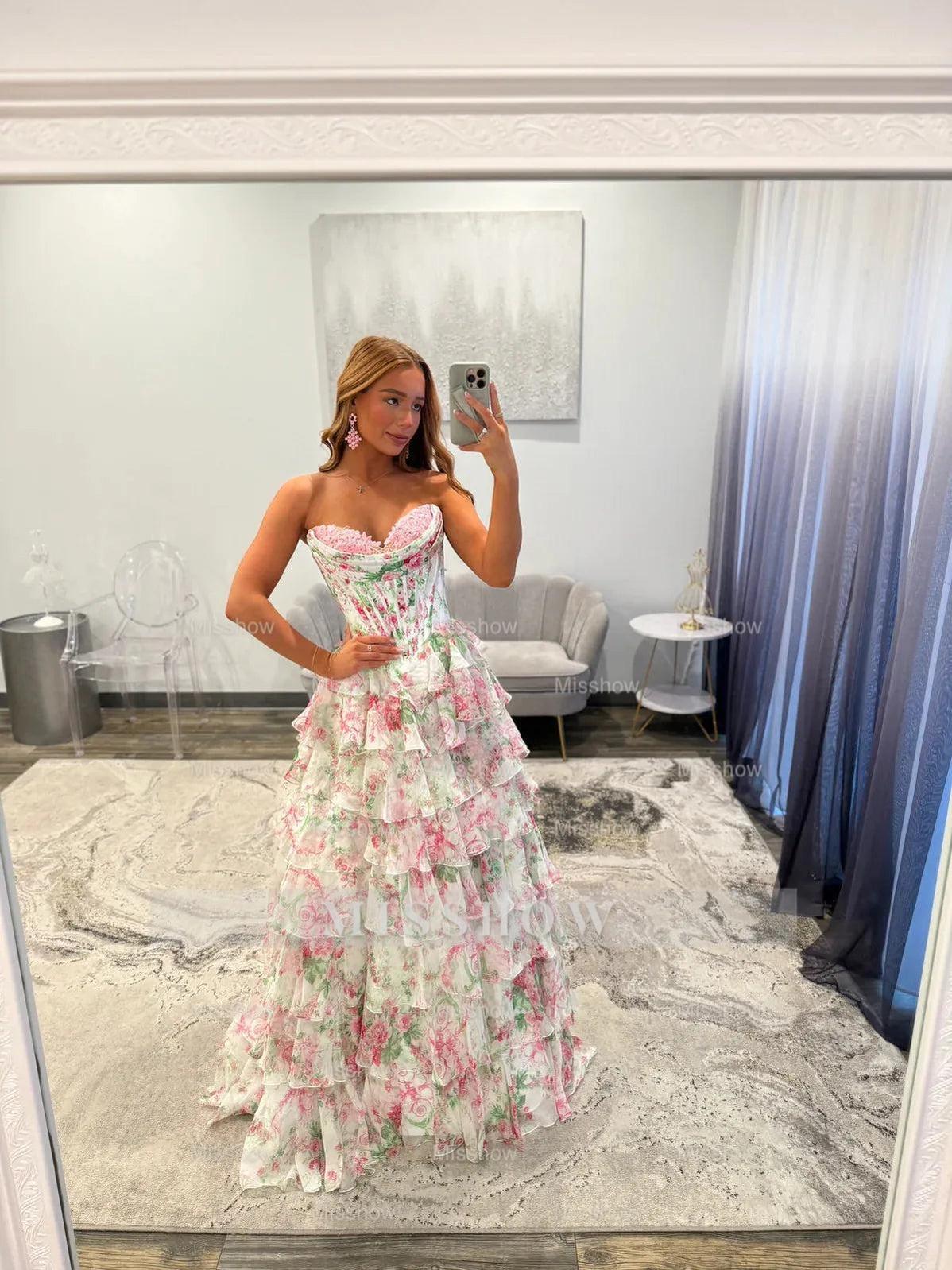 Elegant Long Floral Strapless A-line Chiffon Prom Dress with Slit Elegant Long Floral Strapless A-line Chiffon Prom Dress with Slit