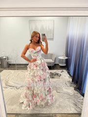 Elegant Long Floral Strapless A-line Chiffon Prom Dress with Slit