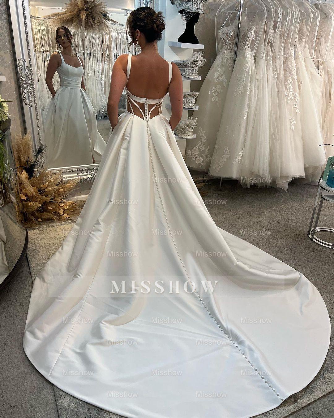 Elegant Long Ivory A-line Straps Satin Sleeveless Backless Wedding