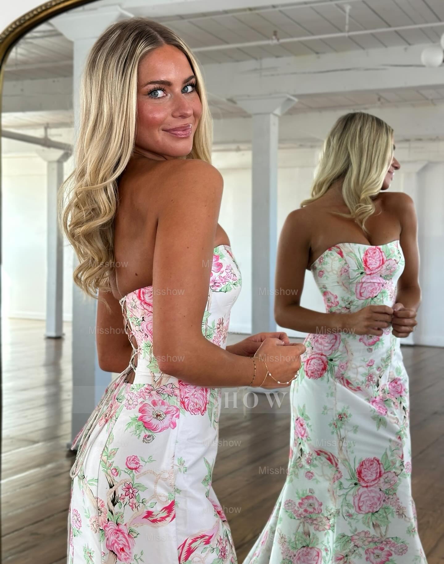 Elegant Long Mermaid Blue Strapless Floral Prom Dress