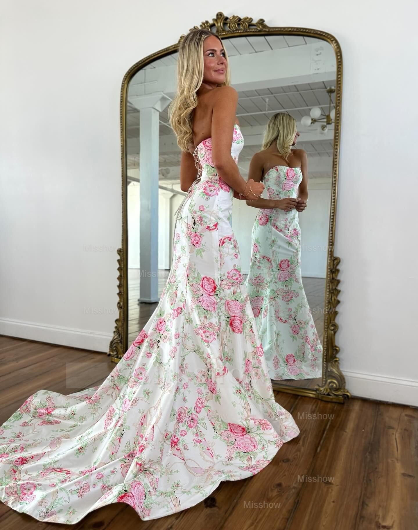 Elegant Long Mermaid Blue Strapless Floral Prom Dress