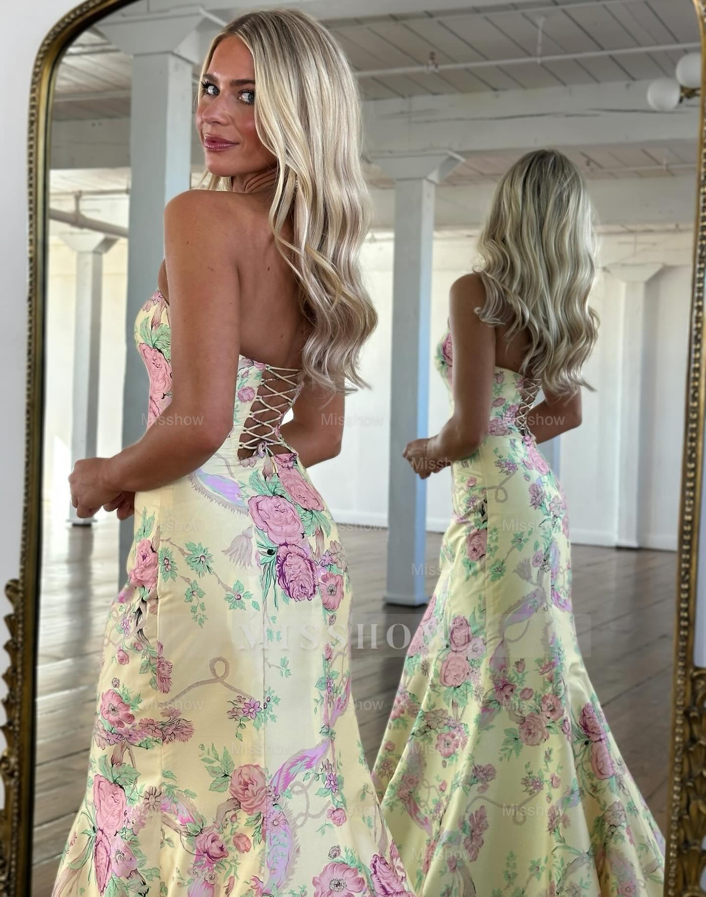 Elegant Long Mermaid Blue Strapless Floral Prom Dress
