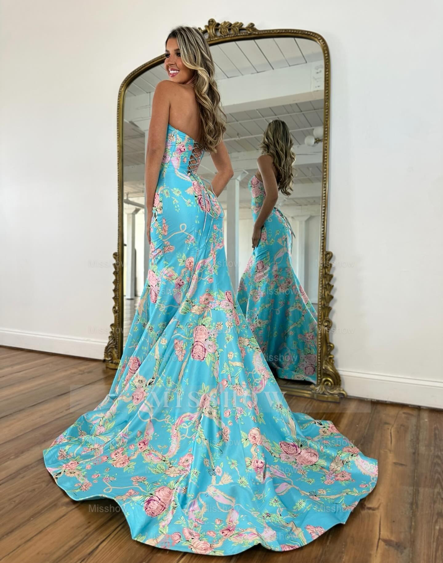 Elegant Long Mermaid Blue Strapless Floral Prom Dress